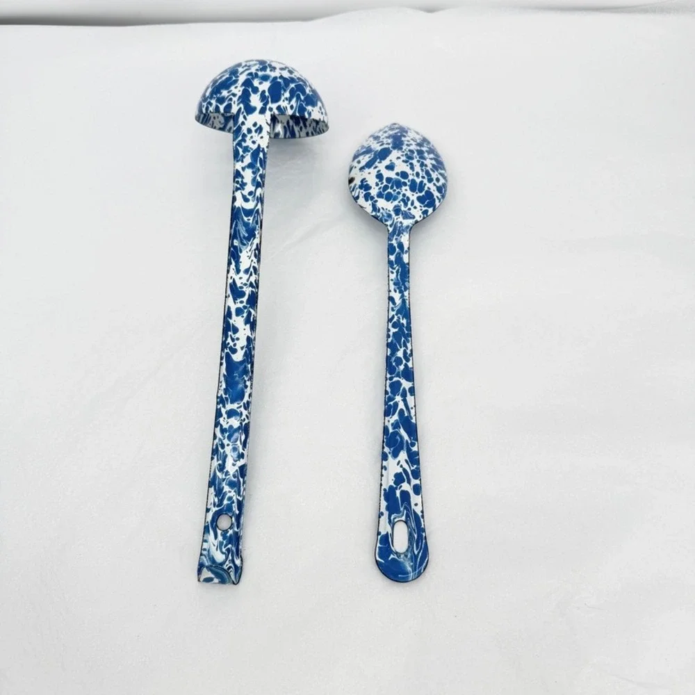 Crow Canyon Enamelware Ladle & Spoon Set Blue Marble Splatter VTG Kitchen